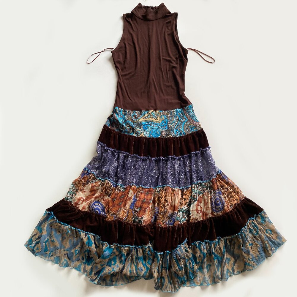 Vintage Y2K Cache Boho Tiered Patchwork Maxi Dress Brown Silk Blend Size 6 - Picture 1 of 11